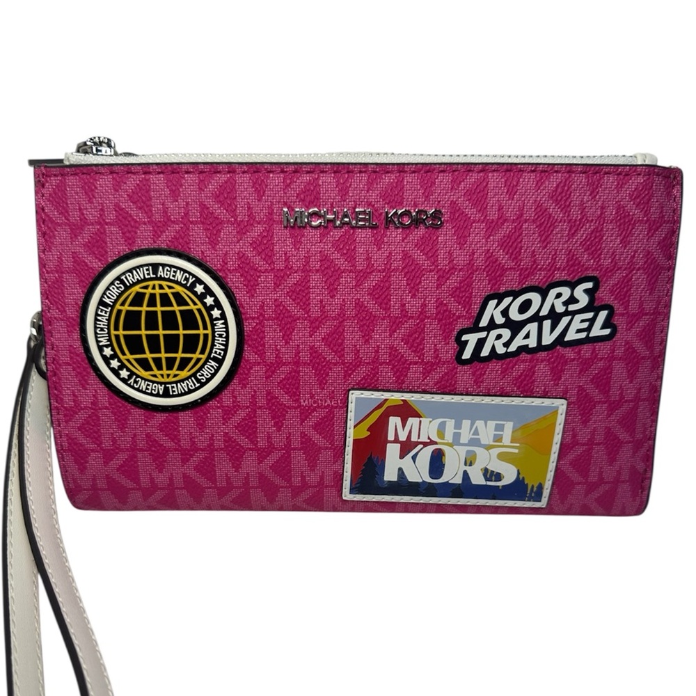 Michael Kors New Jet Set Travel Dragonfruit Large Double Zip Wristlet Patch Logo